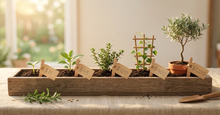 A long planter holding five plants growing from a tiny sprout to a small tree, each labeled with a handwritten dollar amount tied to a wooden stake.