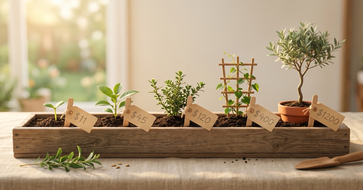 A long planter holding five plants growing from a tiny sprout to a small tree, each labeled with a handwritten dollar amount tied to a wooden stake.