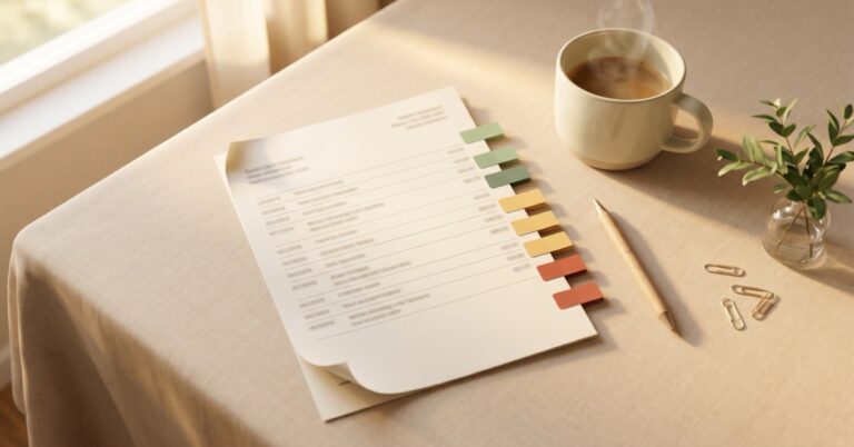 Overhead flat-lay of a paper statement tagged with sage, gold, and terracotta sticky tabs beside a coffee mug, a calm subscription audit.