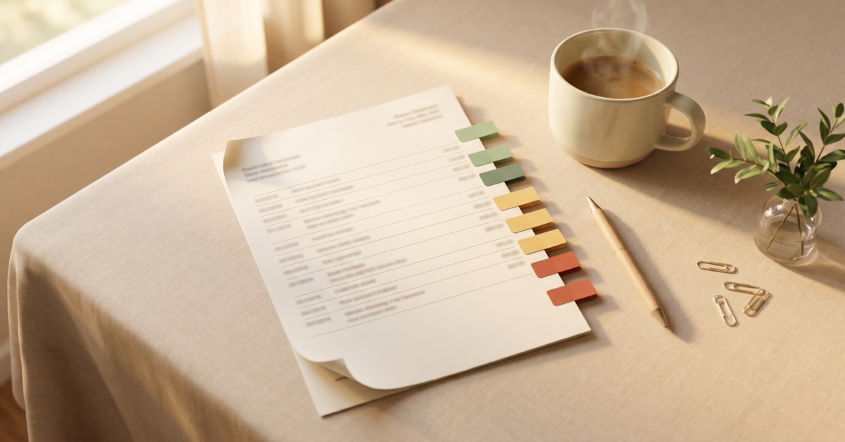 Overhead flat-lay of a paper statement tagged with sage, gold, and terracotta sticky tabs beside a coffee mug, a calm subscription audit.