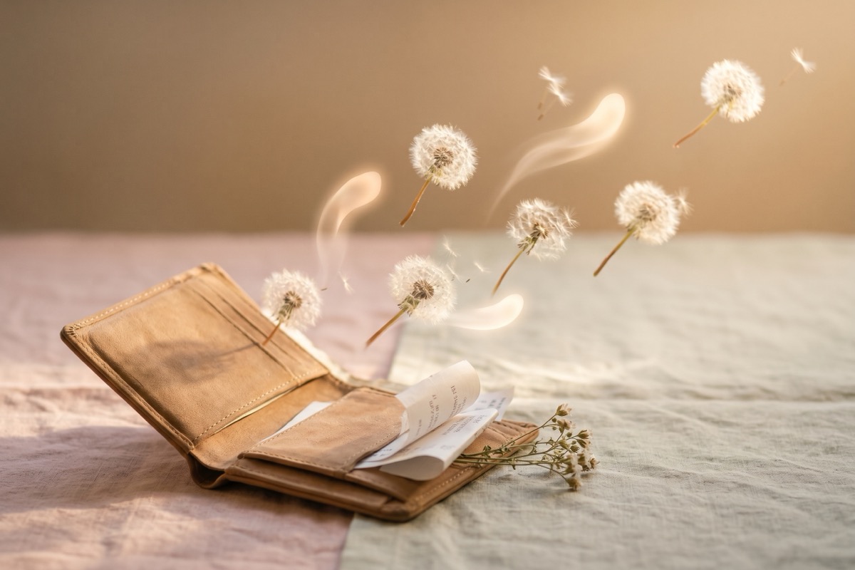 An open wallet with real dandelion seeds drifting up and away on a soft breeze, the quiet release of forgotten subscriptions.