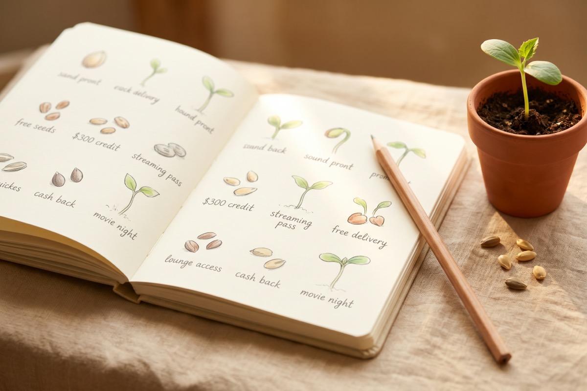 pen garden journal page with small hand-drawn seed sketches labeled with perks like "$300 credit," "streaming pass," and "free delivery," next to a tiny sprout in a terracotta pot.