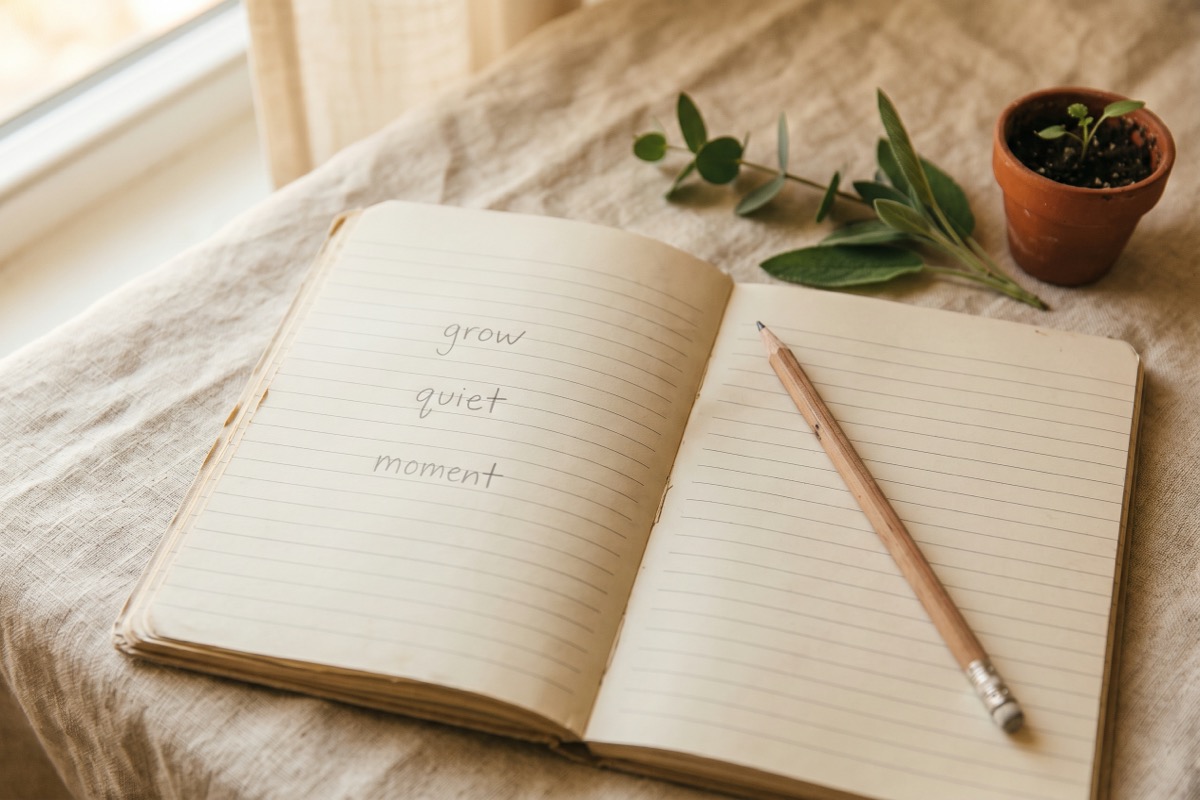 An open notebook with three short words written in pencil, a wooden pencil resting across the page, and a tiny sprout nearby, the quiet daily act of planting one seed on purpose.