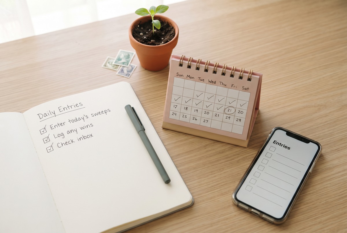An open notebook with a short handwritten daily-entries checklist, a pen, a phone, and a small desk calendar with a streak of checkmarks, showing a simple daily sweepstakes routine.