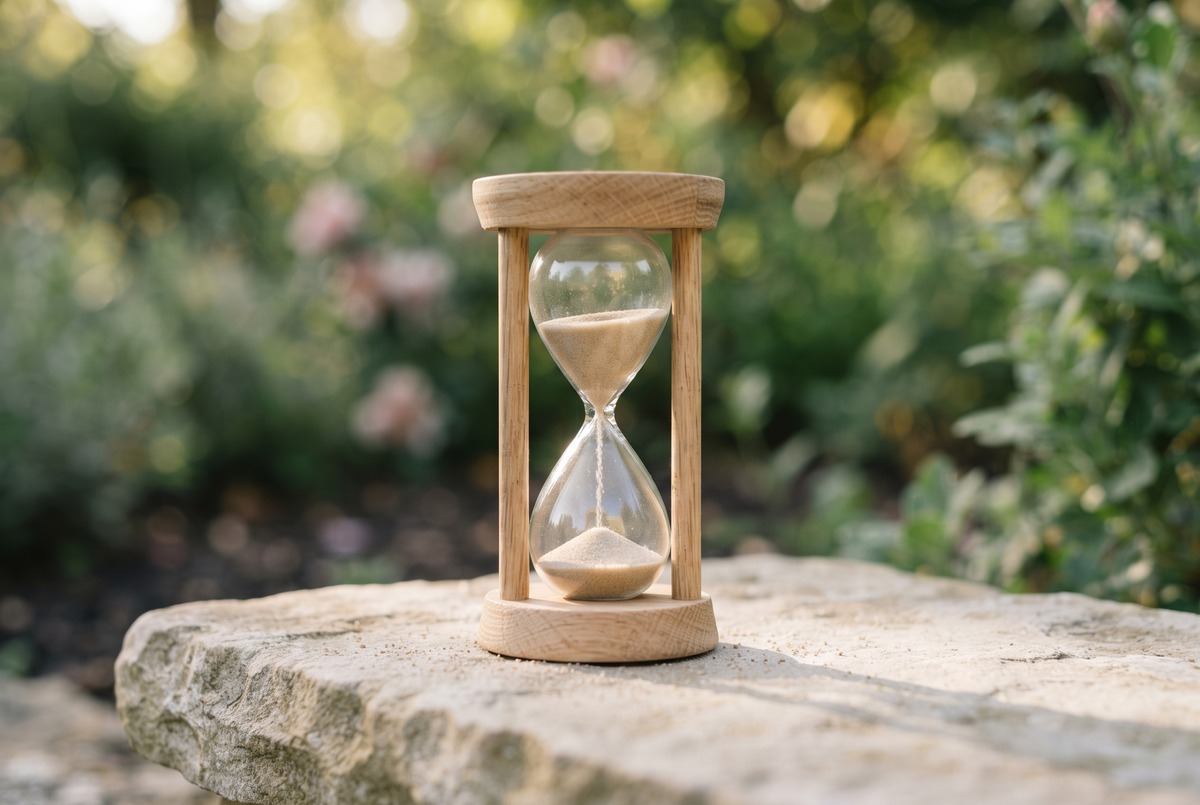 A small wooden hourglass on a pale stone ledge with soft sand falling inside, against a calm blurred garden.