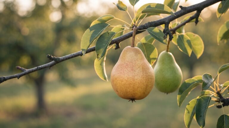 A pear tree branch holding one fully ripe golden pear and one still-green pear, backlit by warm golden-hour light, showing two stages of the same fruit.
