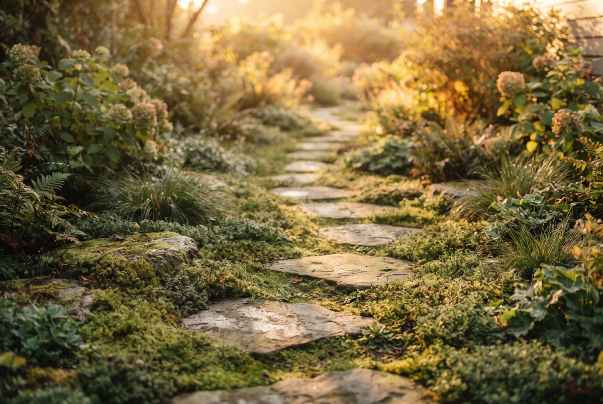 A winding garden path of flat stepping stones set in green moss, curving away toward warm golden light.