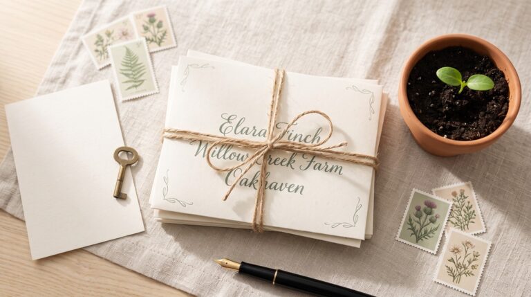 A neat stack of hand-addressed sweepstakes entry envelopes tied with twine beside a terracotta pot holding a small green seedling on a sunlit linen table.
