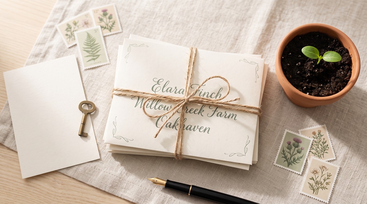 A neat stack of hand-addressed sweepstakes entry envelopes tied with twine beside a terracotta pot holding a small green seedling on a sunlit linen table.