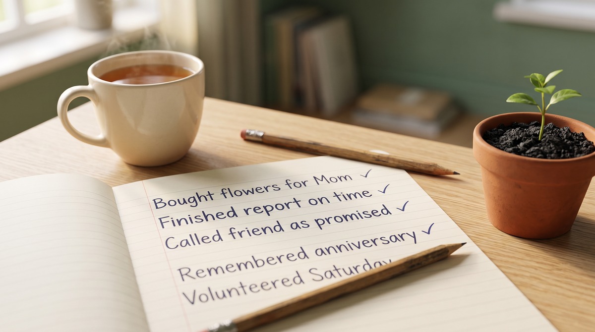 An open lined notebook with a short list of small checked-off promises next to a cup of tea and a tiny potted seedling.