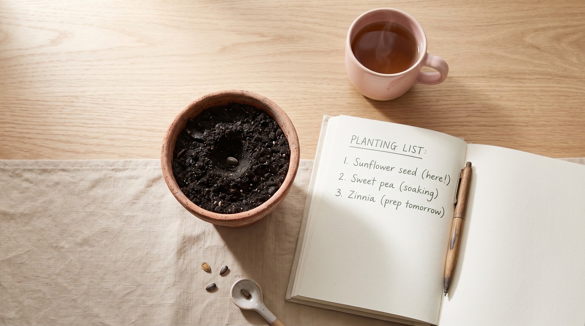 A single seed resting in a planting dimple in a terracotta pot of soil beside an open journal with a short handwritten planting list in soft morning light.