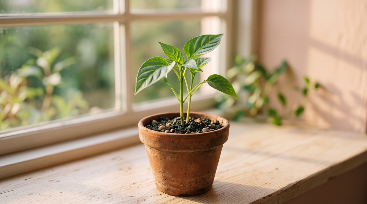 A single healthy seedling standing tall in a terracotta pot on a sunlit windowsill with soft greenery behind it.