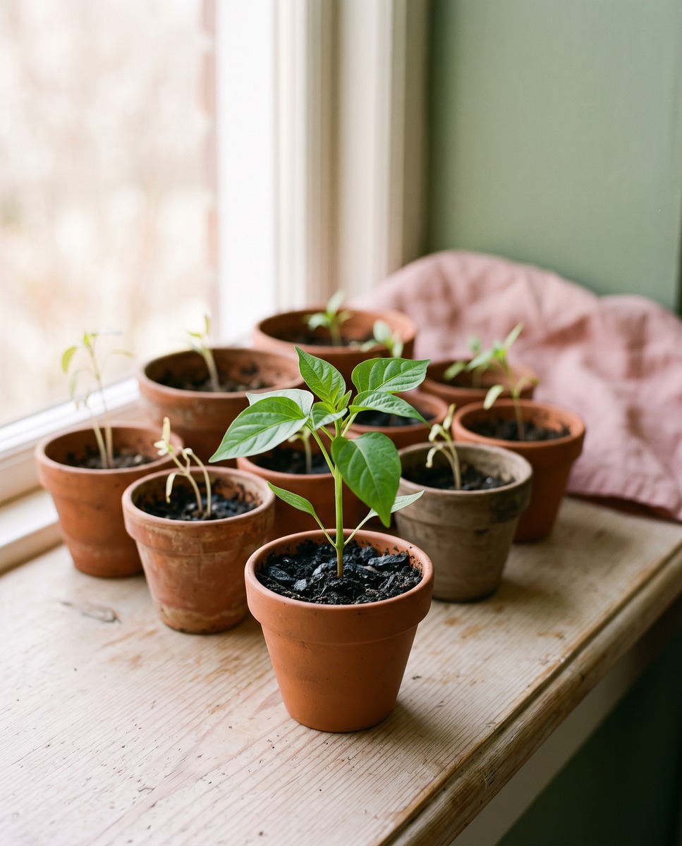One healthy potted seedling set apart from a crowded cluster of small terracotta pots on a windowsill, suggesting choosing one lane from many.