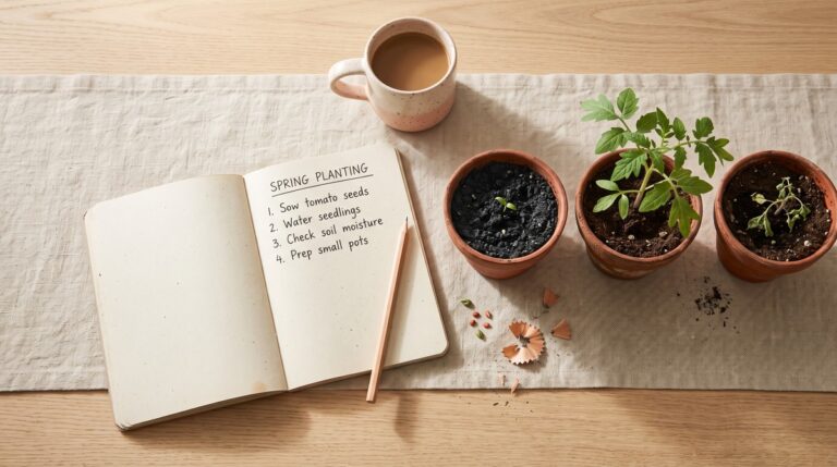 An open notebook with a handwritten list beside three small terracotta pots holding seedlings at different stages of growth in soft morning light.