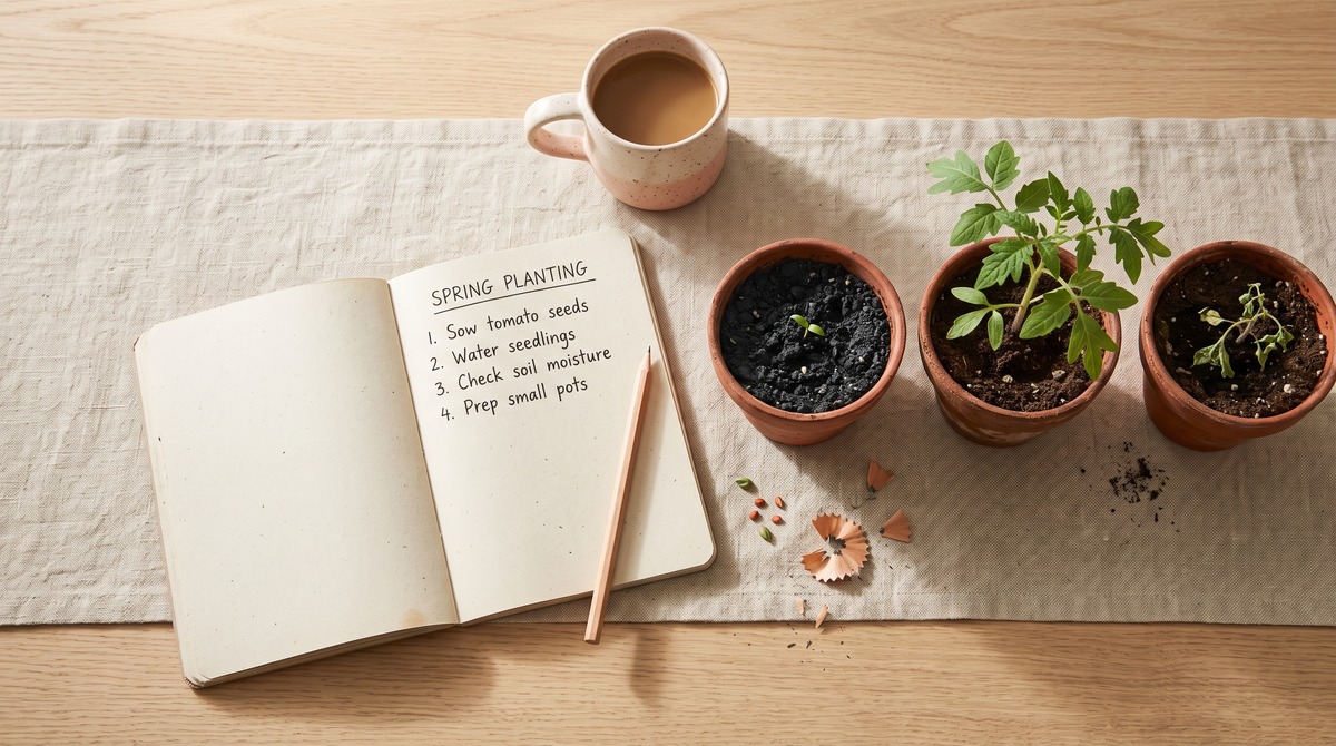 An open notebook with a handwritten list beside three small terracotta pots holding seedlings at different stages of growth in soft morning light.