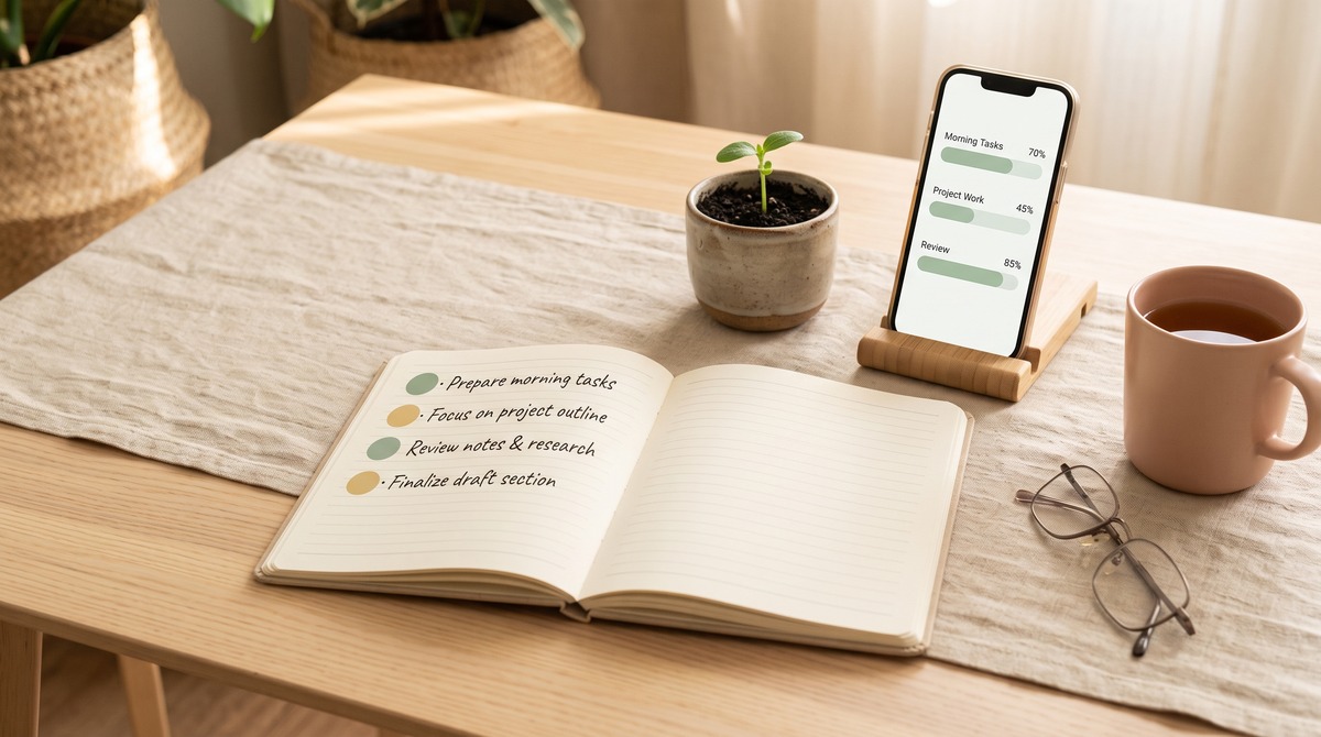 A tidy desk with a notebook showing a tagged seed-audit list next to a phone displaying a simple progress dashboard and a small potted plant.
