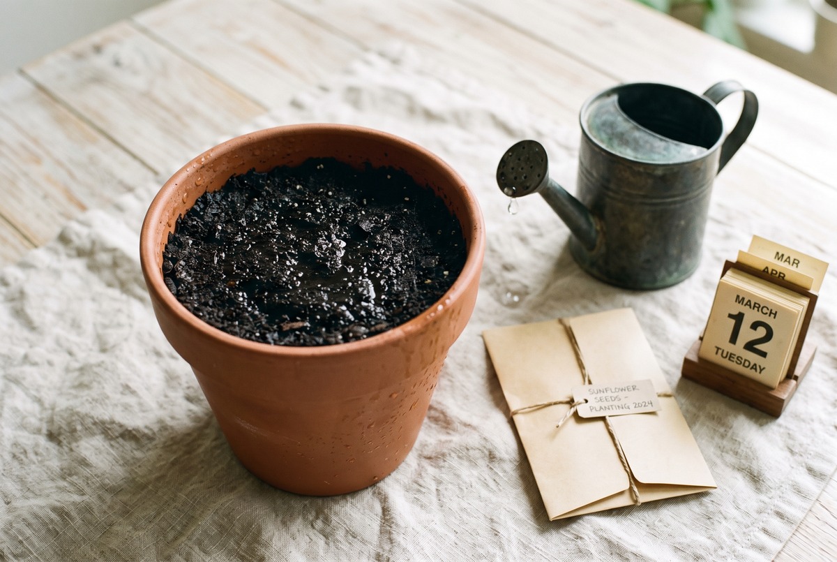 A single terracotta pot of dark soil with a watering can and a seed packet beside it, showing the quiet waiting phase before a seed sprouts.