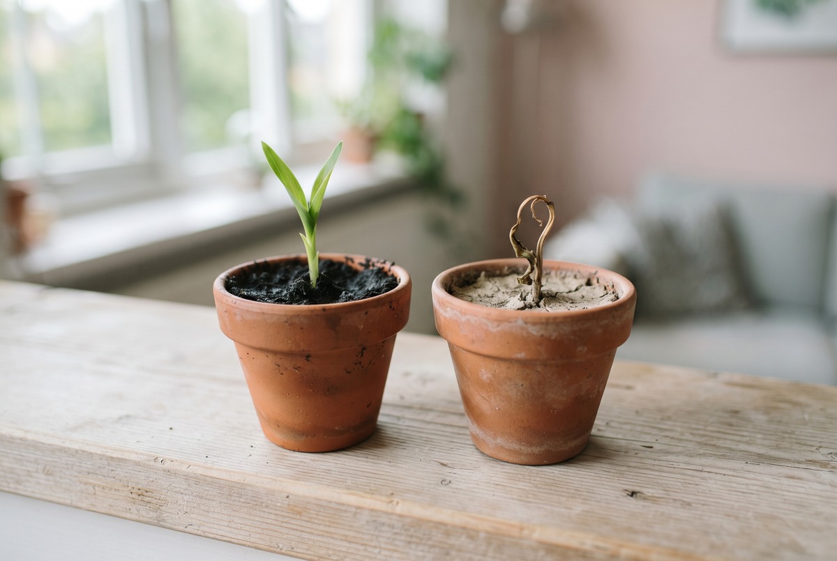 Two small terracotta pots side by side, one with a fresh green sprout and one with a dry curled brown stem, on a sunlit windowsill.