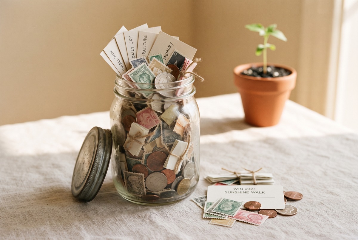 A glass jar overflowing with postage stamps, small gift cards, and coins, showing how many small sweepstakes wins add up over time.