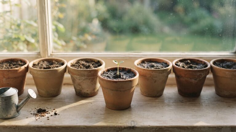 A row of small terracotta pots on a sunlit windowsill, most holding bare dark soil and one with a tiny green sprout just breaking through.