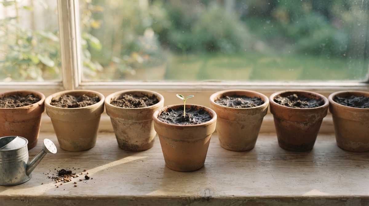 A row of small terracotta pots on a sunlit windowsill, most holding bare dark soil and one with a tiny green sprout just breaking through.