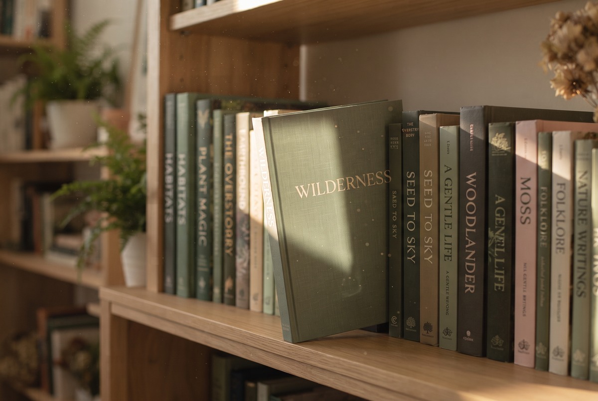 A single book easing out from a row of books on a warm wood shelf with a shaft of golden light falling across it, a book that called to you.