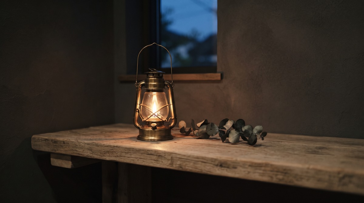 A small glowing lantern on a weathered wood shelf at dusk, warm light in soft shadow, a reminder to keep a small habit alive on low-energy days.