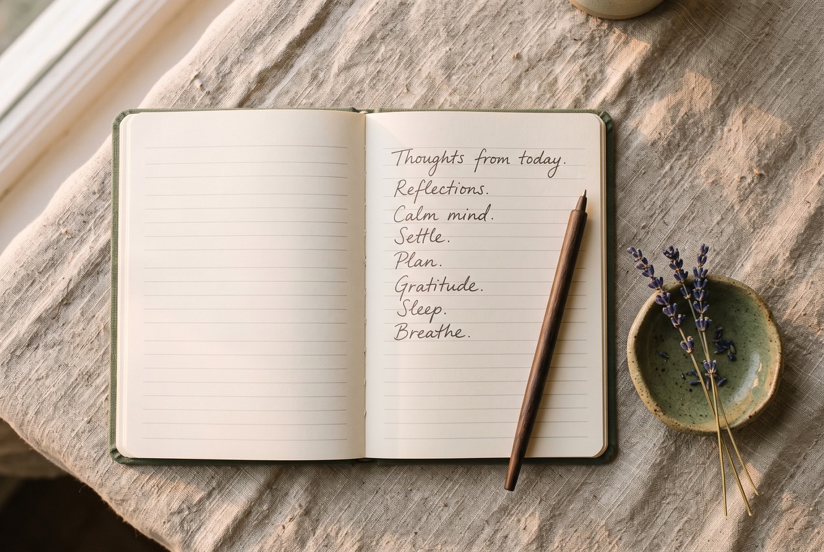 An open lined notebook with a few handwritten lines and a pen beside a sprig of dried lavender on linen in soft dusk light, an evening brain-dump.