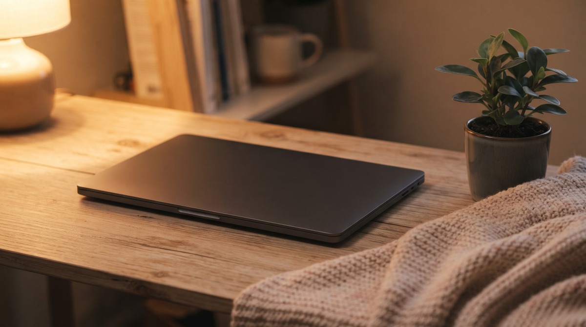 A closed laptop with a soft folded knit throw and a small leafy plant on a wood desk in warm low evening light, the workday closed.