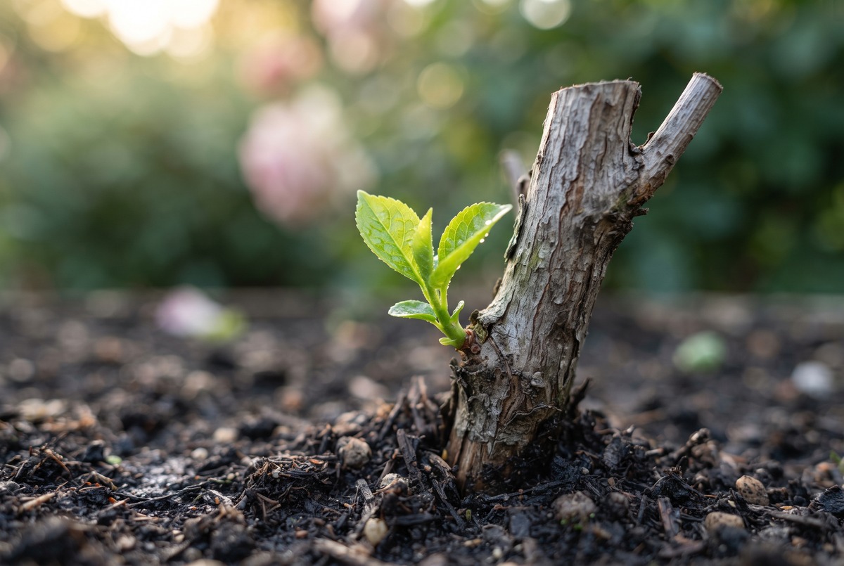 A bright new green shoot emerging from a cut-back woody stem in dark soil, showing regrowth after dormancy.