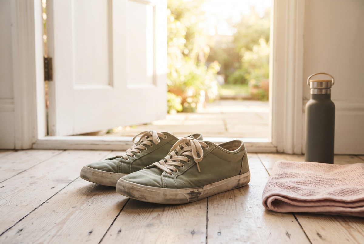 A pair of well-worn sage canvas running shoes set by an open door in warm morning light, ready to go again.