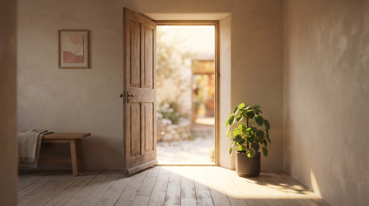 An open wooden door pouring warm golden morning light across a calm room floor, a potted plant at the threshold, the feeling of choosing to step toward the good.
