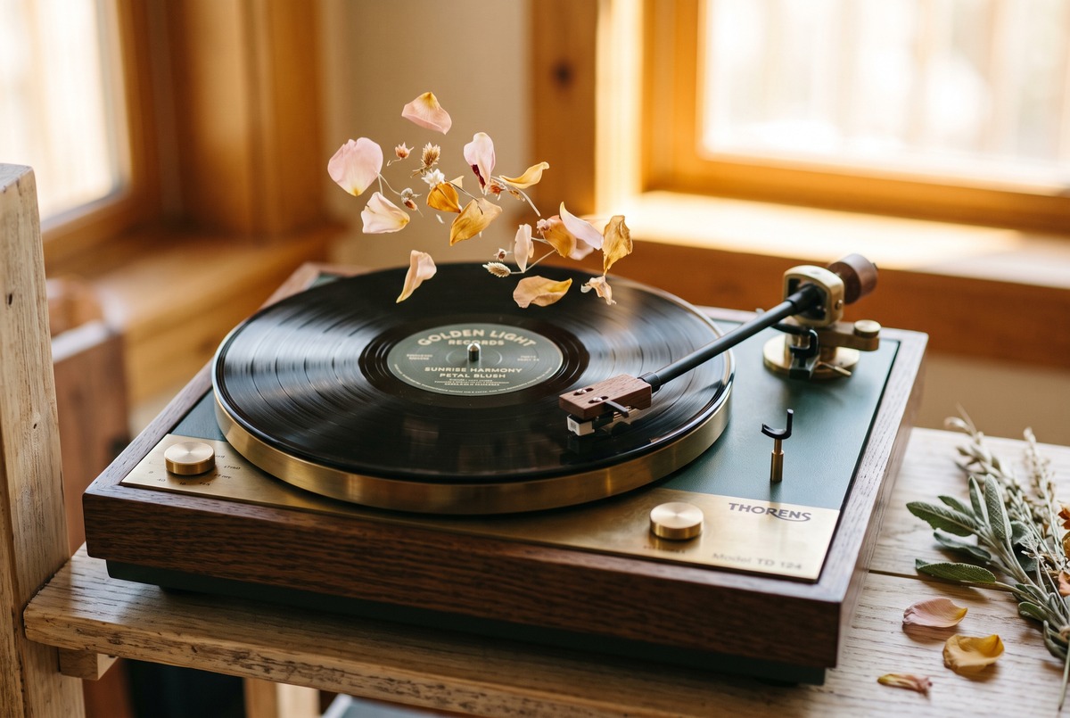 A vinyl record spinning on a turntable with soft flower petals lifting above it in warm light, the quick joy of a favorite song.