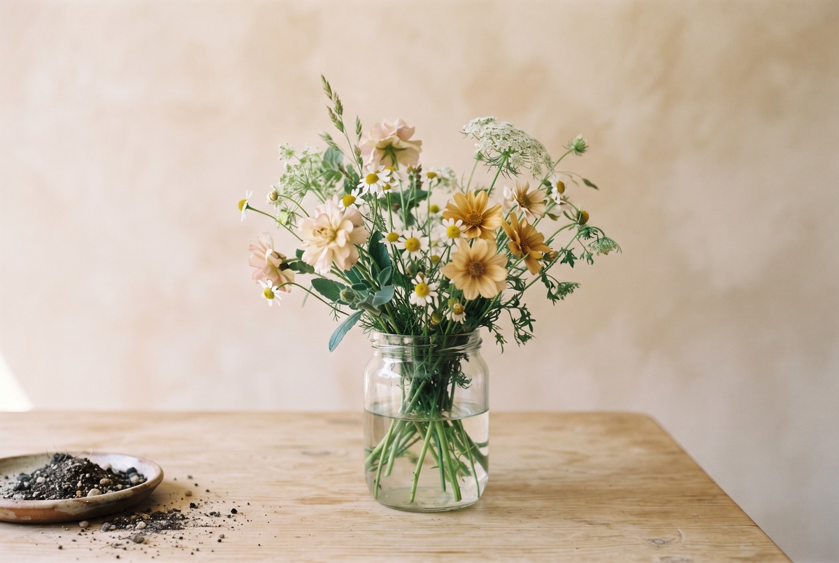 Fresh wildflowers in a simple glass jar on a light wood table in bright airy light, an everyday grounded lift.