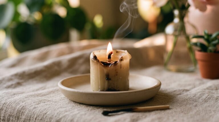 A partly burned candle freshly relit, a small bright flame and a thin curl of smoke, on a calm tabletop in soft warm light.