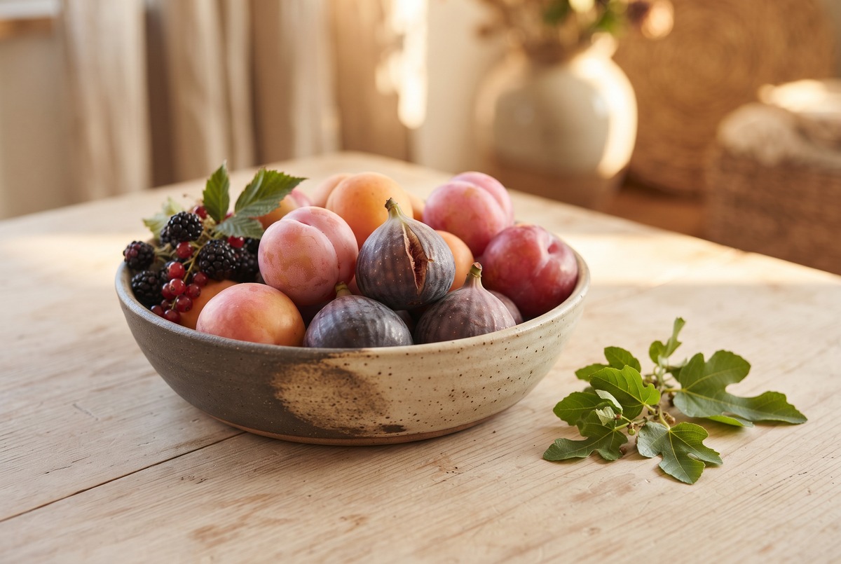 A simple bowl of ripe fruit in warm light on a wood table, the harvest that grounded manifestation grows over time.