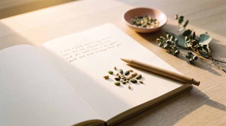 An open journal with a few soft handwritten lines, a scattering of seeds and a pen resting on the page in warm golden light, the both/and of intention plus action.