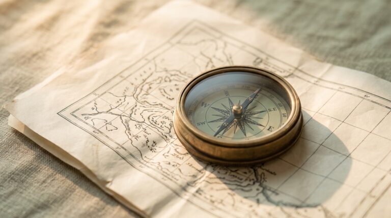 A brass compass resting on a soft old paper map in warm light, suggesting finding your direction.