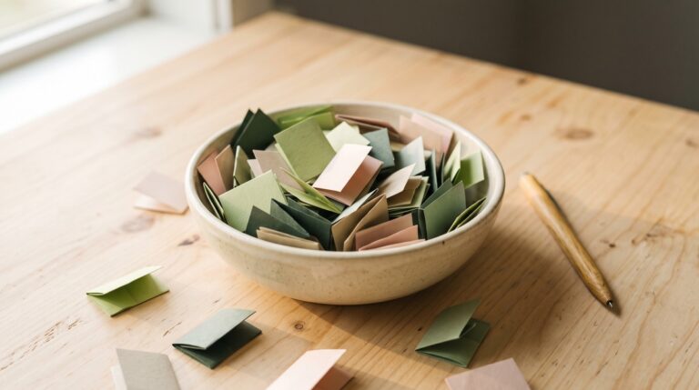 A cream bowl full of small folded paper entry slips on a light wood desk with a pen beside it in warm morning light, each slip standing for a sweepstakes entry.