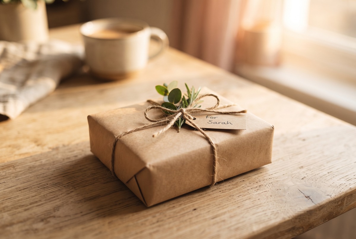 A small kraft-paper parcel tied with twine and a sprig of green on a wood table in warm golden light, the quiet excitement of a prize arriving.