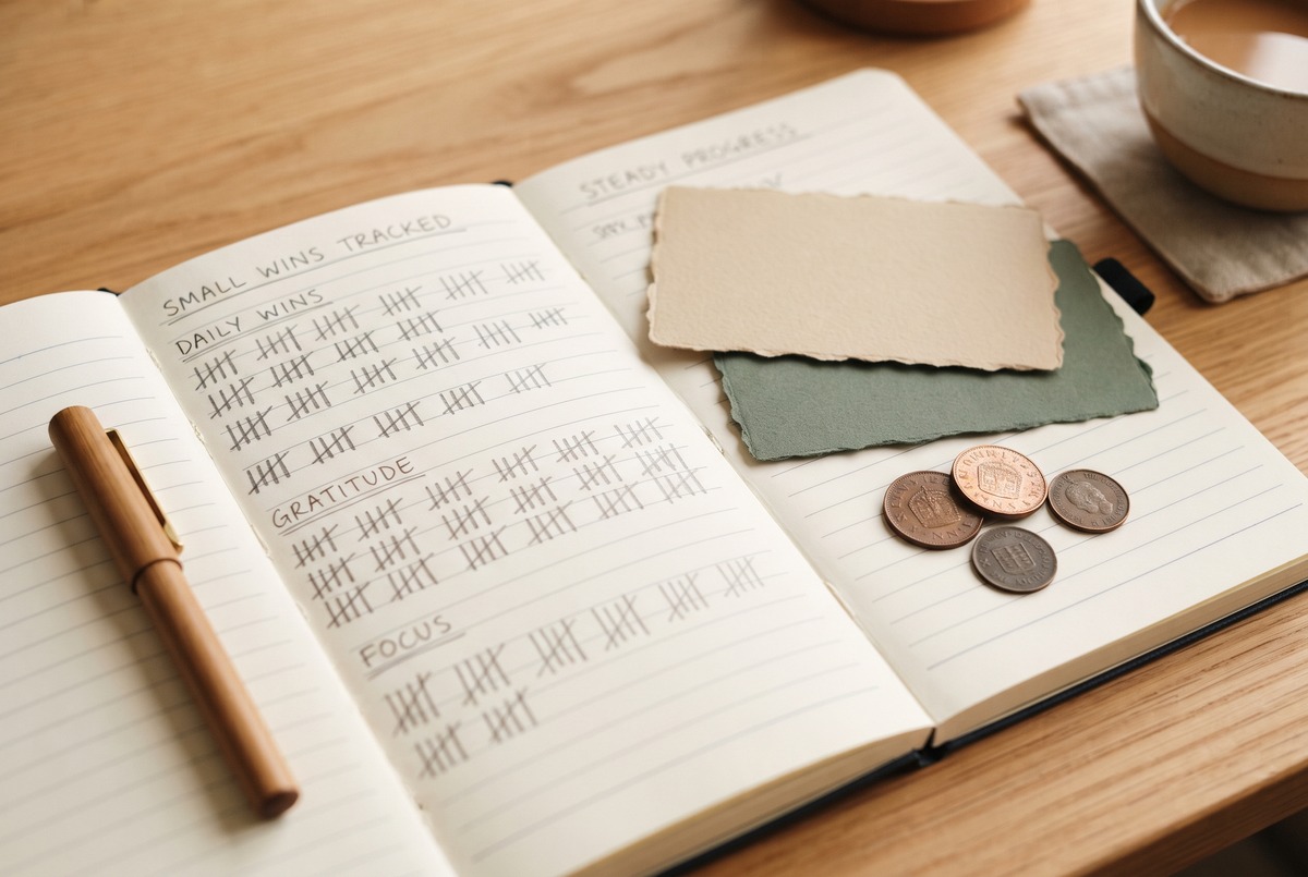 An open notebook with rows of tally marks beside two plain cards and a few coins, warm light, showing small wins tracked over time.