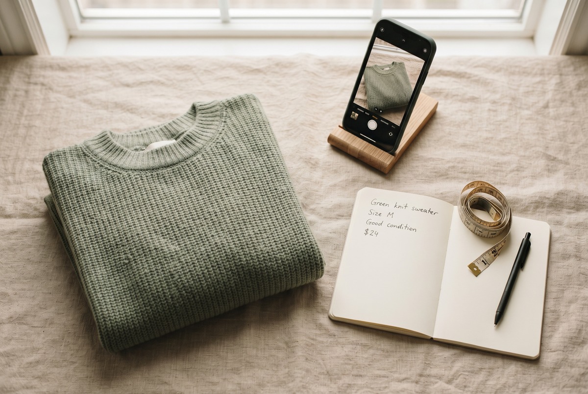 A single folded sweater on a linen cloth being photographed by a phone propped on a small wooden stand in daylight, with a notebook and tape measure beside it.