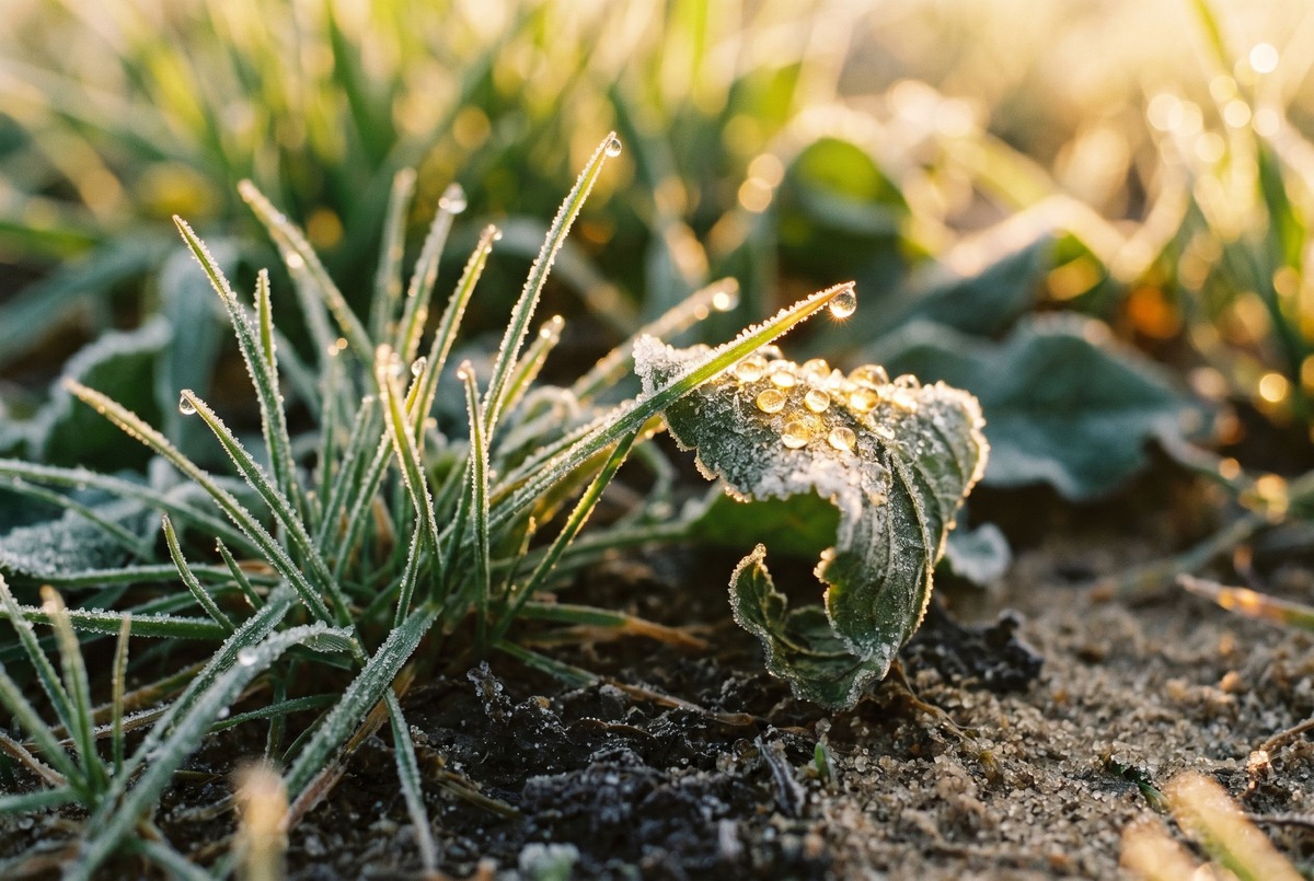 Macro close-up of frost on green grass tips and a curled leaf melting into bright golden dew drops under warm early sunlight.