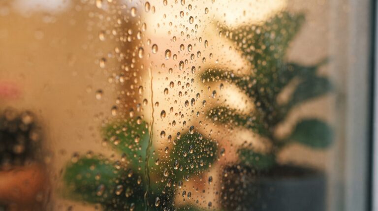 Warm rain droplets glowing amber on a glass pane, with a blurred sage-green plant and soft sand wall behind in golden light.