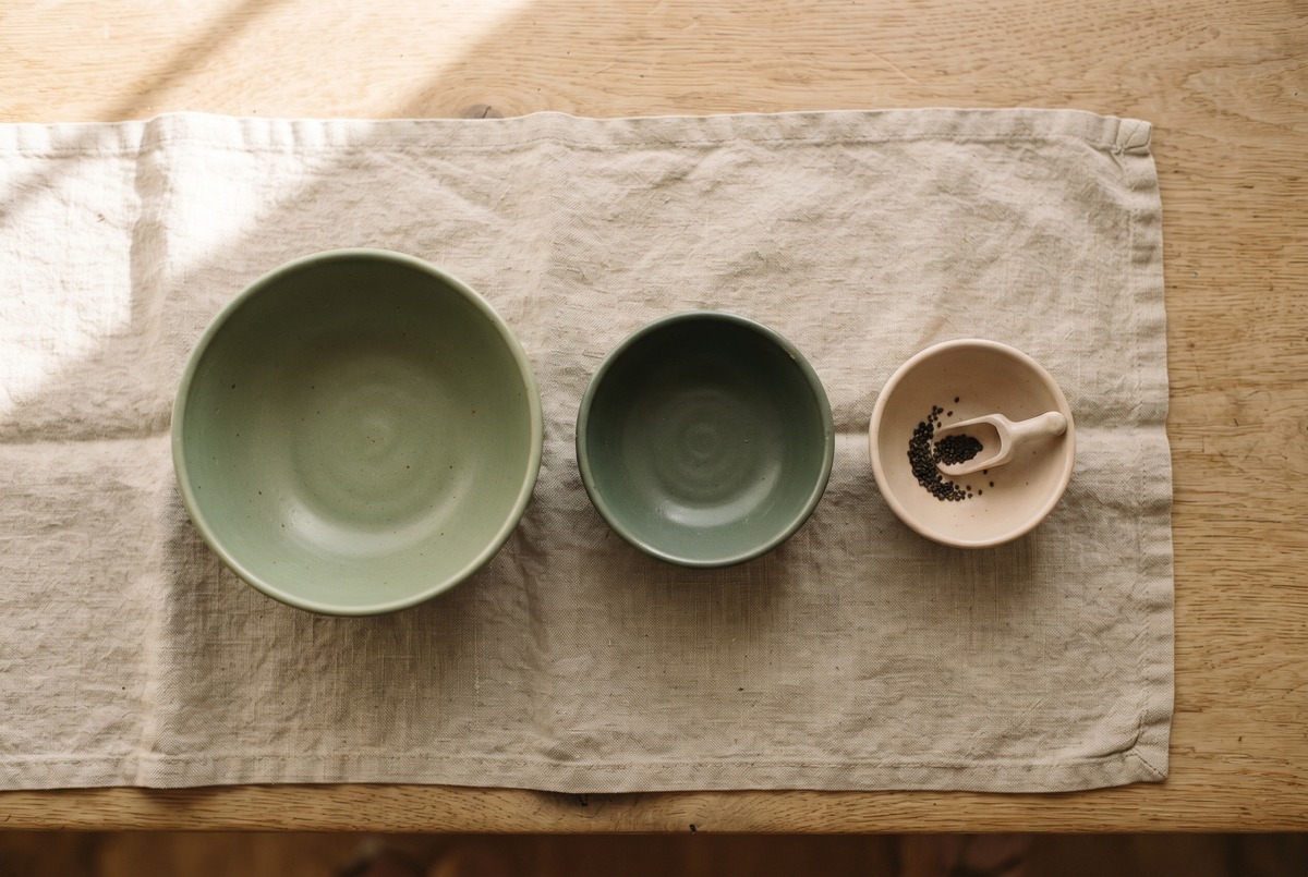 Three matte ceramic bowls in descending sizes on a linen cloth, representing high, medium, and low-energy versions of a daily habit.