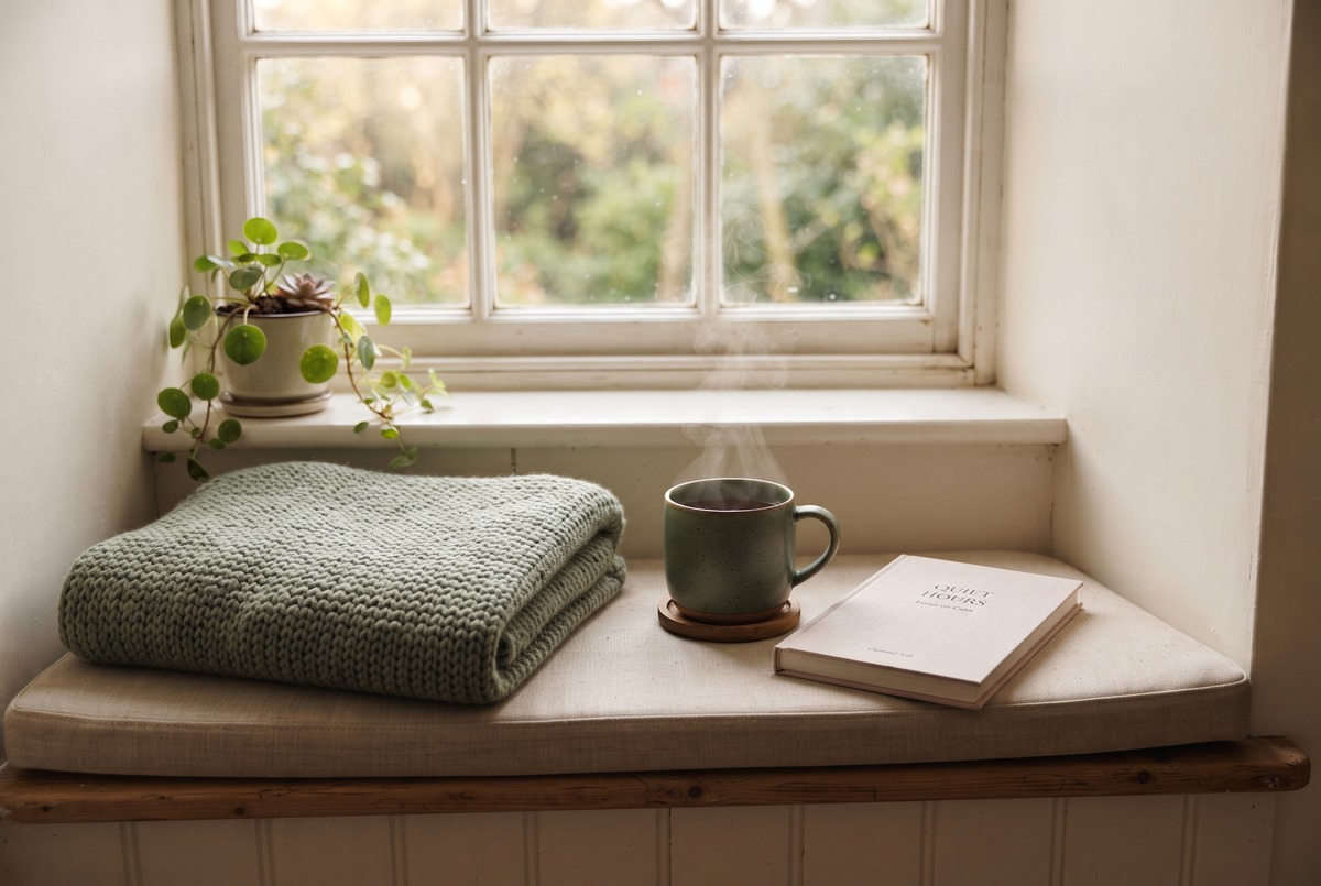 A cozy window seat with a folded wool blanket, a warm mug of tea, and a closed book in soft afternoon light, showing planned rest as part of staying consistent.