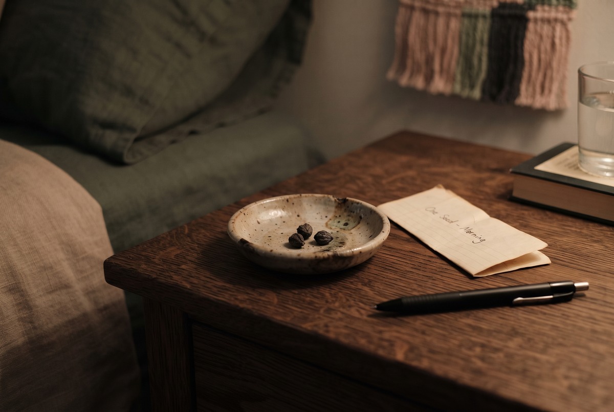 A small stoneware dish holding a few seeds beside a folded note and a pen on a bedside table in dim warm lamplight, tomorrow's one seed set out.