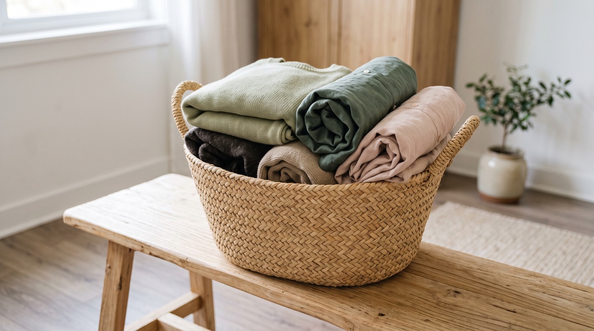 A woven basket of neatly folded clothes on a light-wood bench in soft morning light, a cleared closet ready to be rehomed.