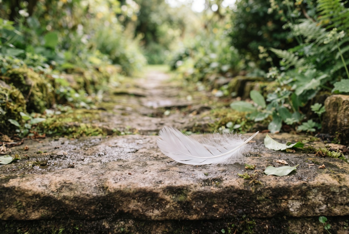 A single white feather resting on a weathered stone garden step in soft overcast light, with a path leading gently forward, a sign that points to a next step.