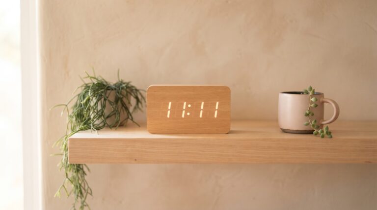 A warm-toned digital clock reading 11:11 on a light-wood shelf in bright airy daylight, the repeating-number sign.